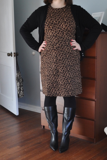 Dress: Lands End (gifted); Cardigan: Joe; Tights: no clue, probably Hue; Boots: Sofft