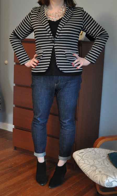 Blazer & Sweater: Target; Skinnies: Old Navy; Booties: Kenneth Cole; Lucite necklace: Anthropologie