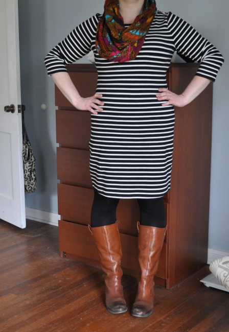 Dress: Old Navy; Scarf: Bought in Berlin; Tights: Spanx; Boots: Jessica Simpson