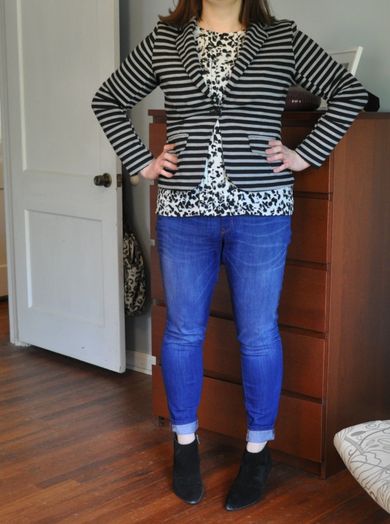 Blazer & shell: Target; Jeggings: Gap; Suede Booties: Kenneth Cole 